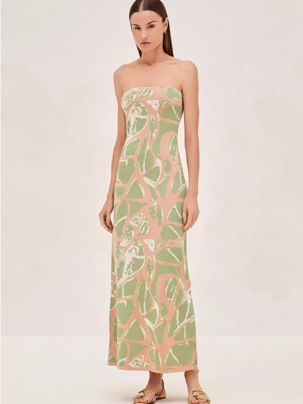 Alexis Pollie Dress Strapless Peach & Sage Abstract Print Maxi Dress -XS